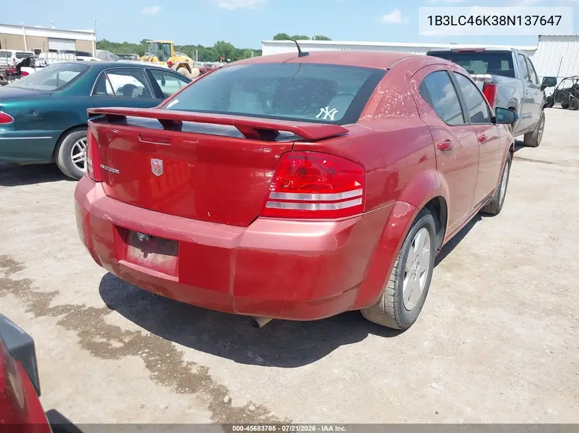 2008 Dodge Avenger Se VIN: 1B3LC46K38N137647 Lot: 45683785