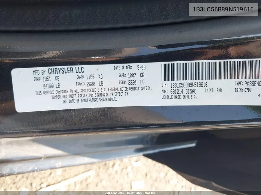 2009 Dodge Avenger R/T VIN: 1B3LC56B89N519616 Lot: 45512258
