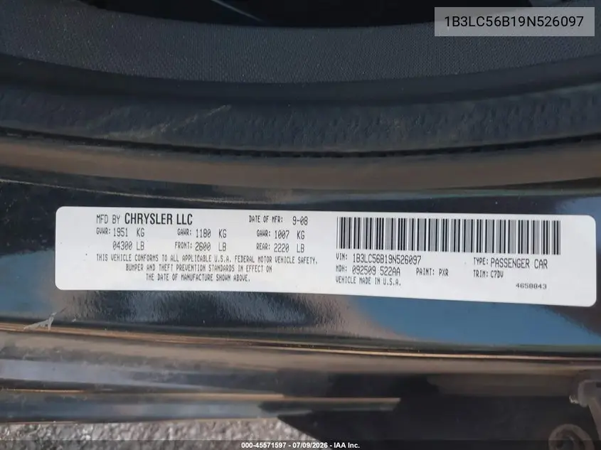 2009 Dodge Avenger Sxt VIN: 1B3LC56B19N526097 Lot: 45571597