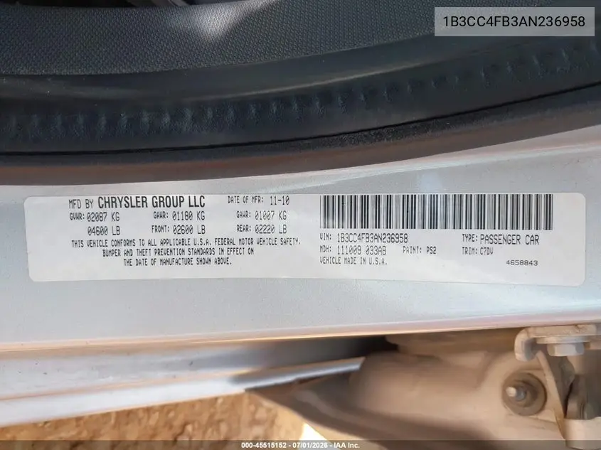 2010 Dodge Avenger Sxt VIN: 1B3CC4FB3AN236958 Lot: 45515152