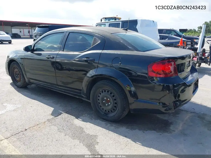 2012 Dodge Avenger Se VIN: 1C3CDZAB0CN243423 Lot: 45314056