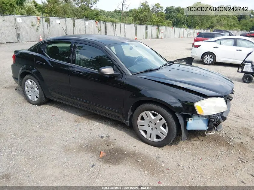 2012 Dodge Avenger Se VIN: 1C3CDZAB0CN242742 Lot: 45369990