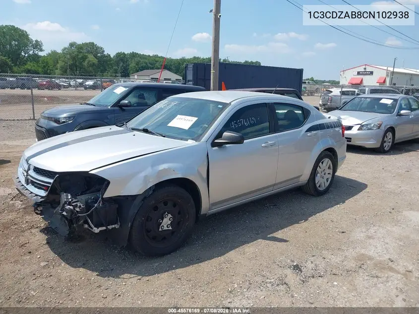 2012 Dodge Avenger Se VIN: 1C3CDZAB8CN102938 Lot: 45576169