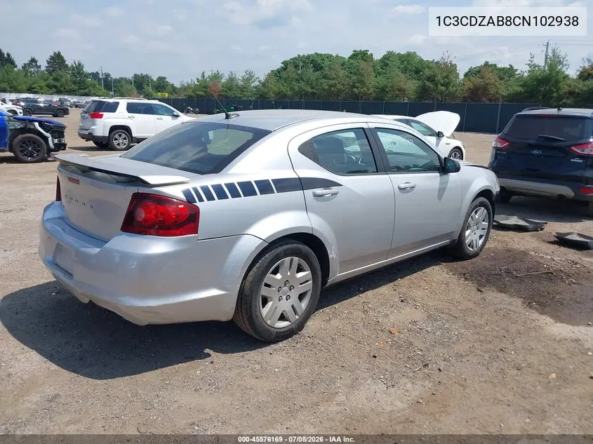 2012 Dodge Avenger Se VIN: 1C3CDZAB8CN102938 Lot: 45576169