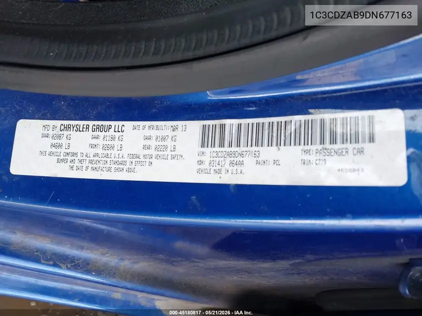 2013 Dodge Avenger Se VIN: 1C3CDZAB9DN677163 Lot: 45180817