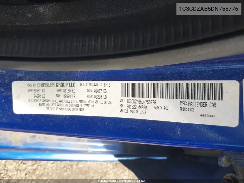 2013 Dodge Avenger Se VIN: 1C3CDZAB5DN755776 Lot: 45324961