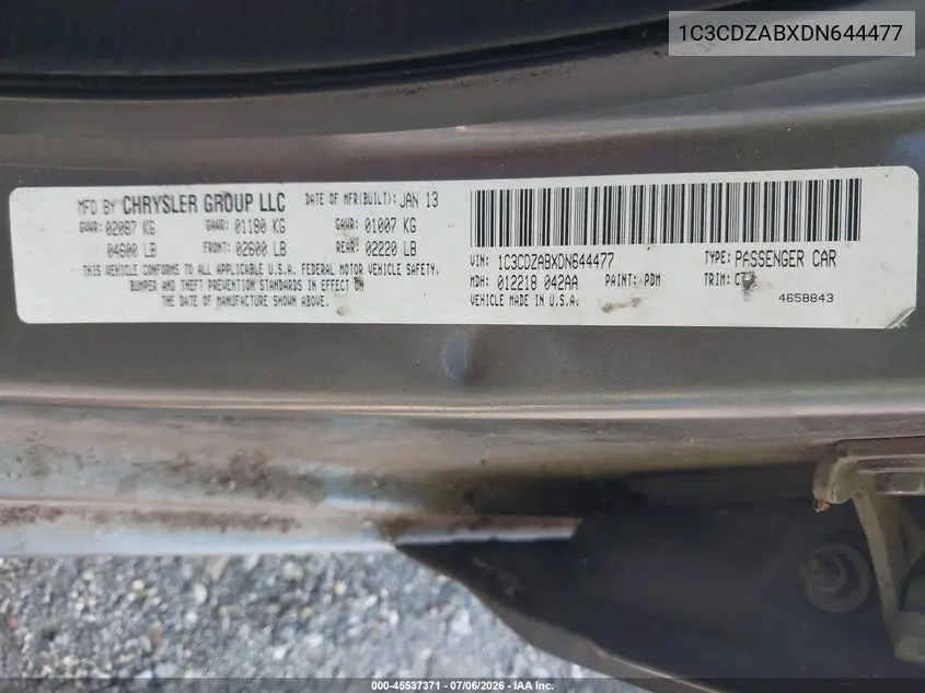 2013 Dodge Avenger Se VIN: 1C3CDZABXDN644477 Lot: 45537371