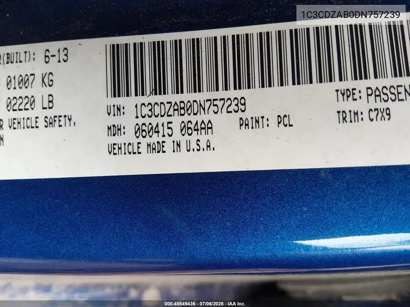 2013 Dodge Avenger Se VIN: 1C3CDZAB0DN757239 Lot: 45549436