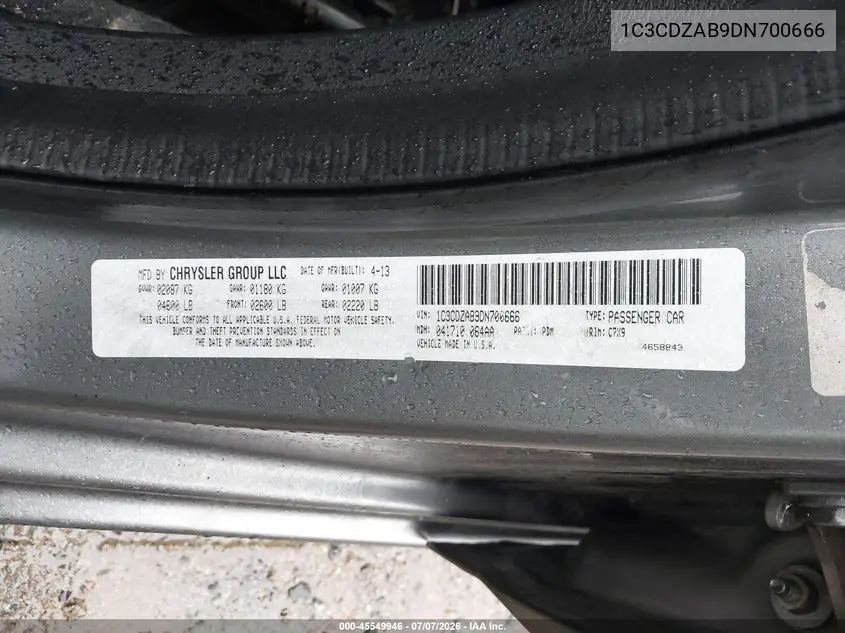 2013 Dodge Avenger Se VIN: 1C3CDZAB9DN700666 Lot: 45549946