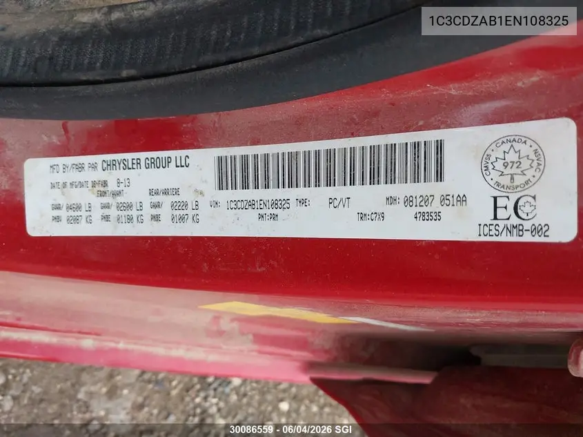 2014 Dodge Avenger Se VIN: 1C3CDZAB1EN108325 Lot: 30086559
