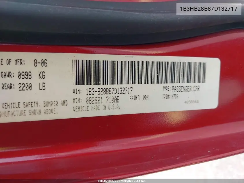 2007 Dodge Caliber VIN: 1B3HB28B87D132717 Lot: 45588372