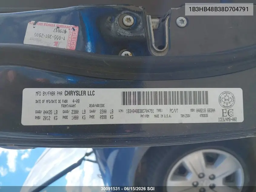 2008 Dodge Caliber Sxt VIN: 1B3HB48B38D704791 Lot: 30091531