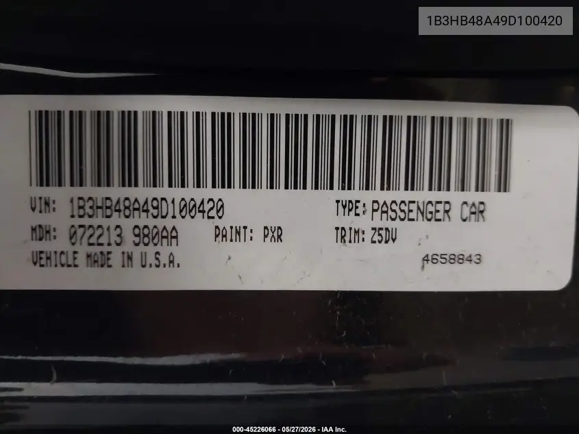 2009 Dodge Caliber Sxt VIN: 1B3HB48A49D100420 Lot: 45226066