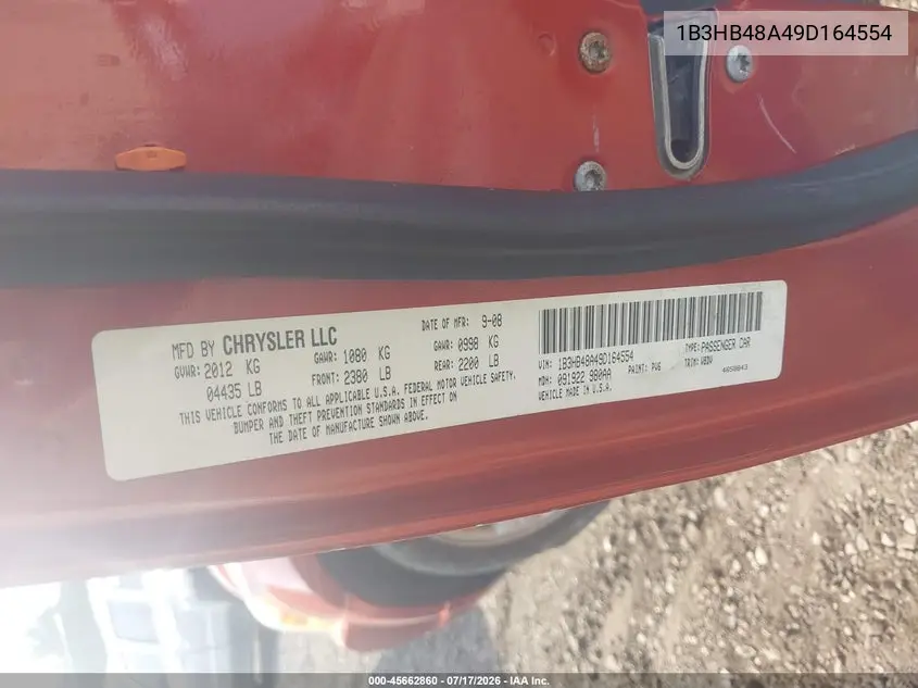 2009 Dodge Caliber Sxt VIN: 1B3HB48A49D164554 Lot: 45662860