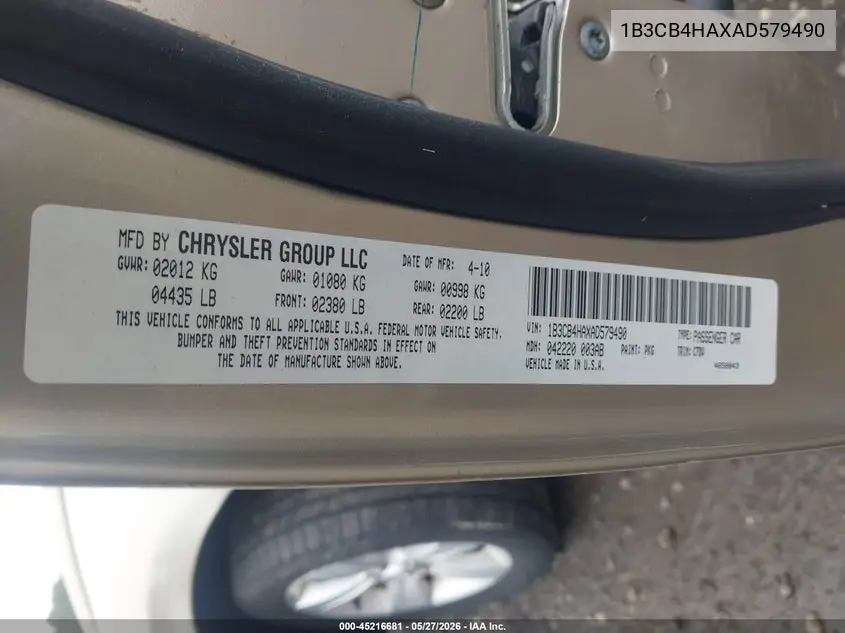 2010 Dodge Caliber Sxt VIN: 1B3CB4HAXAD579490 Lot: 45216681
