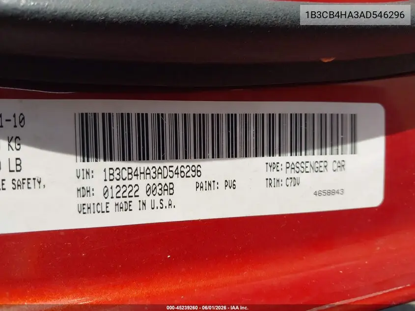 2010 Dodge Caliber Sxt VIN: 1B3CB4HA3AD546296 Lot: 45239260