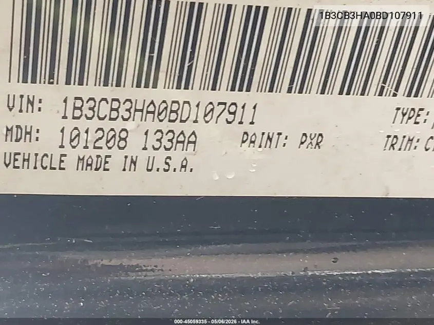2011 Dodge Caliber Mainstreet VIN: 1B3CB3HA0BD107911 Lot: 45059335