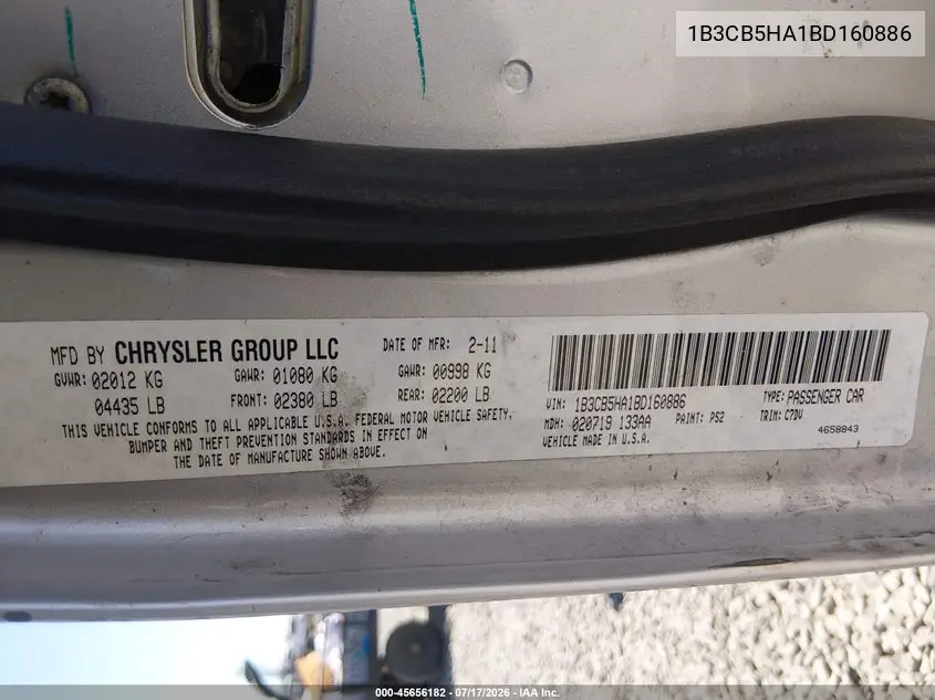 2011 Dodge Caliber Heat VIN: 1B3CB5HA1BD160886 Lot: 45656182