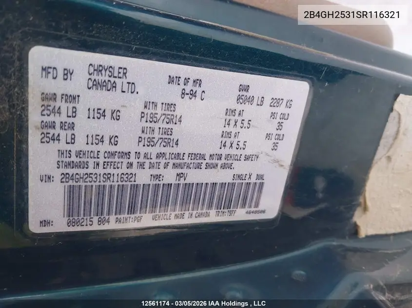 1995 Dodge Caravan VIN: 2B4GH2531SR116321 Lot: 12561174