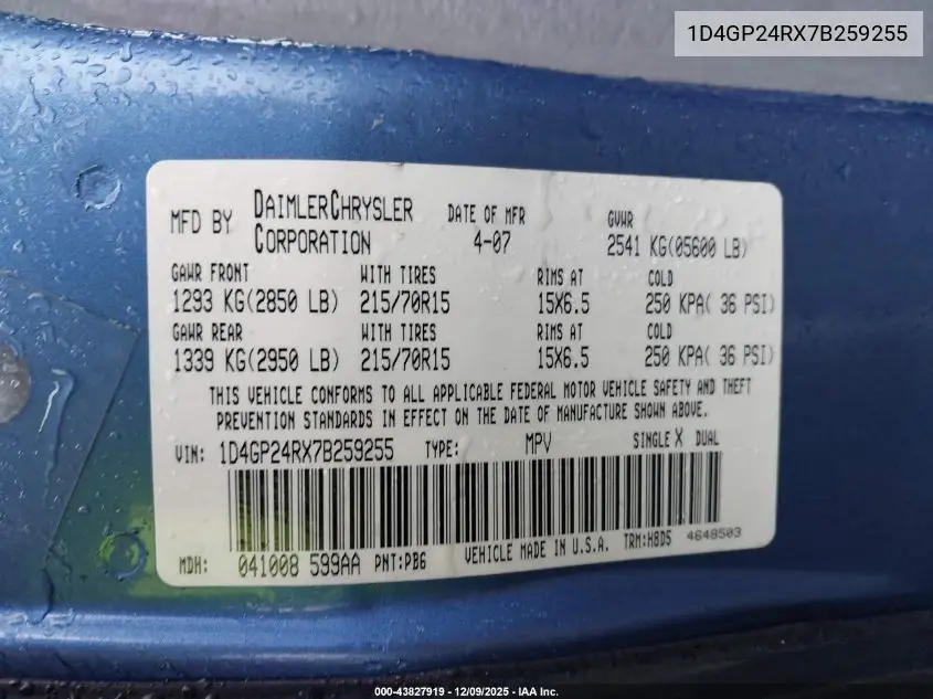 1D4GP24RX7B259255 2007 Dodge Grand Caravan Se