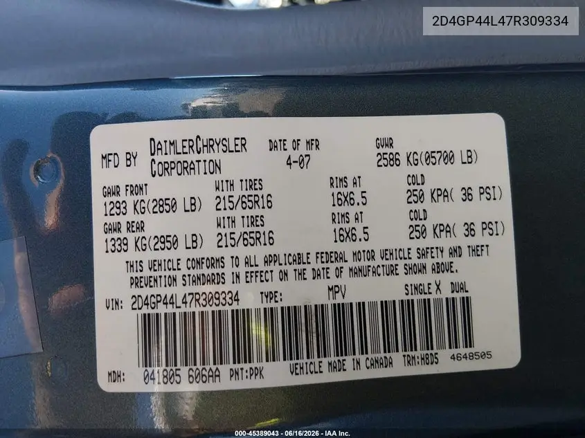 2007 Dodge Grand Caravan Sxt VIN: 2D4GP44L47R309334 Lot: 45389043