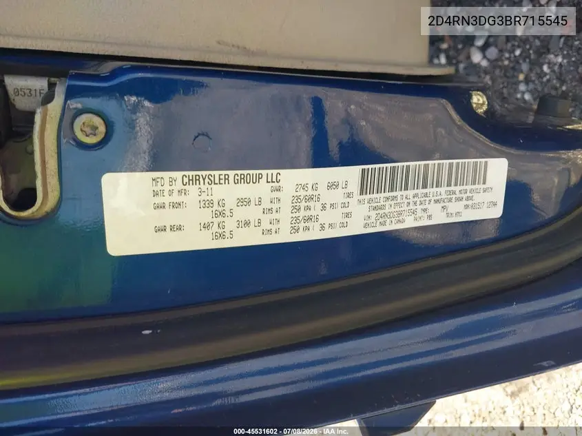2011 Dodge Grand Caravan Mainstreet VIN: 2D4RN3DG3BR715545 Lot: 45531602