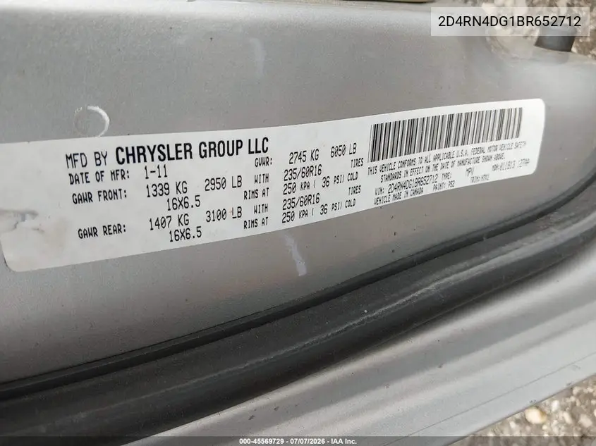 2011 Dodge Grand Caravan Express VIN: 2D4RN4DG1BR652712 Lot: 45569729