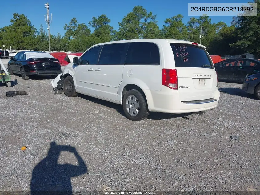 2012 Dodge Grand Caravan Se/Avp VIN: 2C4RDGBG6CR218792 Lot: 45627719