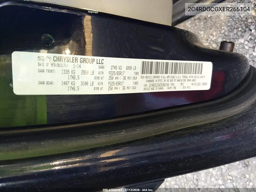 2014 Dodge Grand Caravan Sxt VIN: 2C4RDGCGXER266104 Lot: 45620363