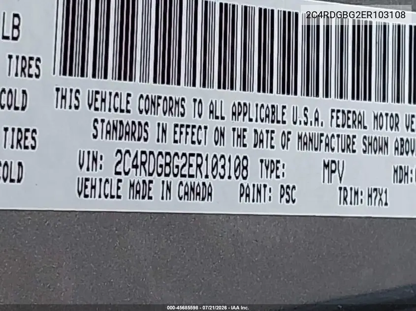 2014 Dodge Grand Caravan Se VIN: 2C4RDGBG2ER103108 Lot: 45685598