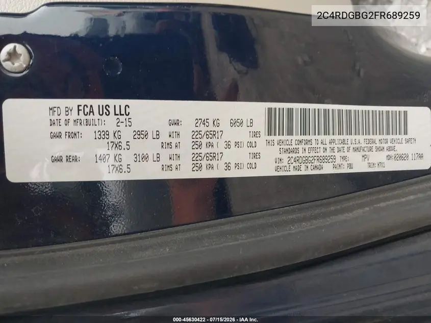 2015 Dodge Grand Caravan Se VIN: 2C4RDGBG2FR689259 Lot: 45630422
