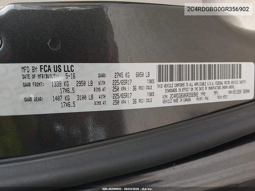 2016 Dodge Grand Caravan Se Plus VIN: 2C4RDGBG0GR356902 Lot: 45298502