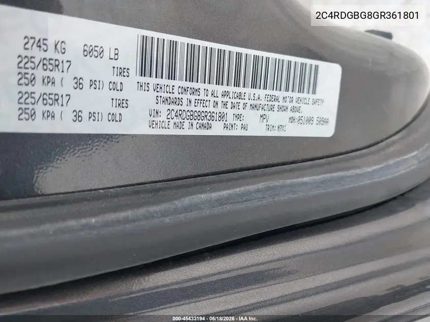 2016 Dodge Grand Caravan Se Plus VIN: 2C4RDGBG8GR361801 Lot: 45433194
