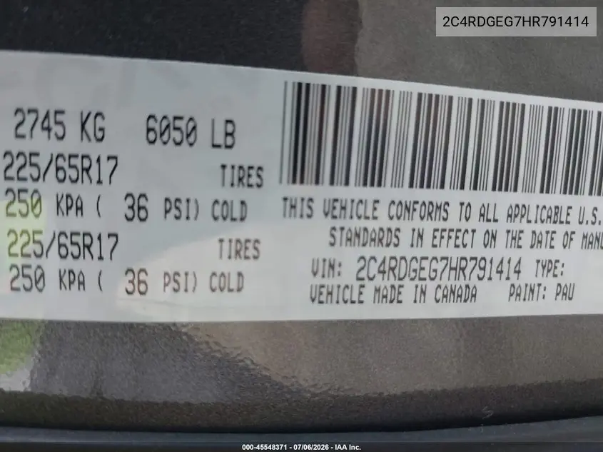 2017 Dodge Grand Caravan Gt VIN: 2C4RDGEG7HR791414 Lot: 45548371