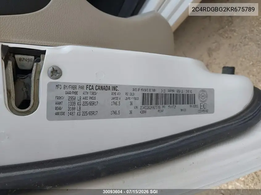2019 Dodge Grand Caravan Se VIN: 2C4RDGBG2KR675789 Lot: 30093604