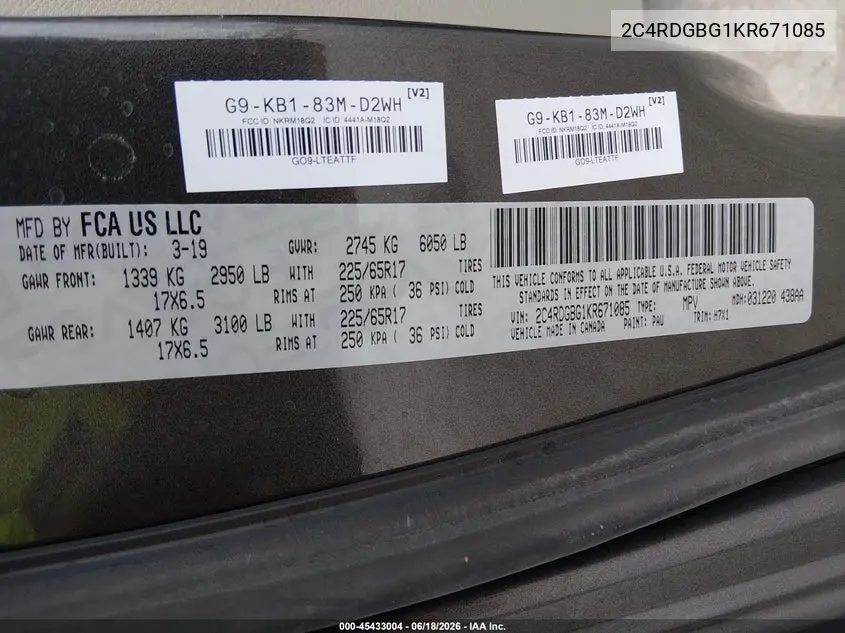 2019 Dodge Grand Caravan Se VIN: 2C4RDGBG1KR671085 Lot: 45433004