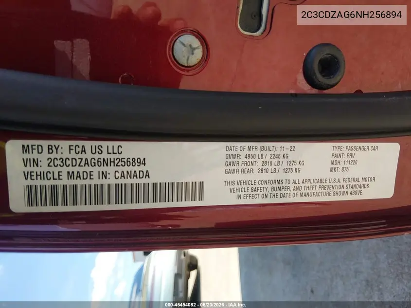 2022 Dodge Challenger Sxt VIN: 2C3CDZAG6NH256894 Lot: 45454082