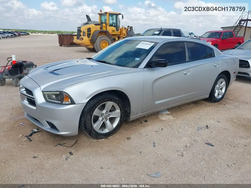 2012 Dodge Charger Se VIN: 2C3CDXBG4CH178759 Lot: 45216852