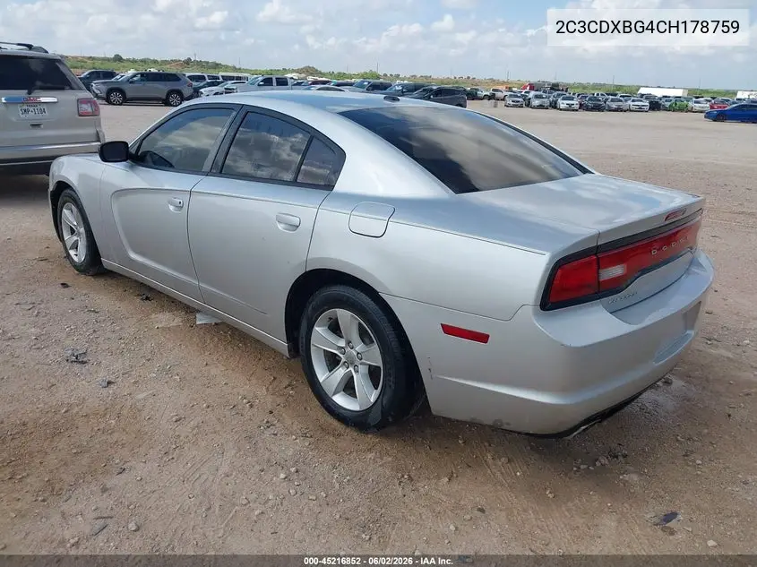 2012 Dodge Charger Se VIN: 2C3CDXBG4CH178759 Lot: 45216852