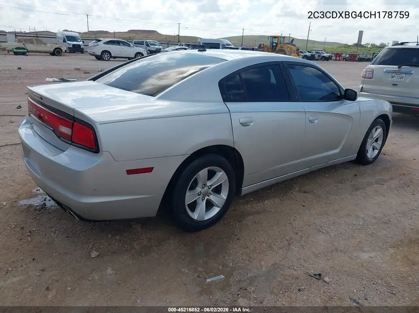 2012 Dodge Charger Se VIN: 2C3CDXBG4CH178759 Lot: 45216852
