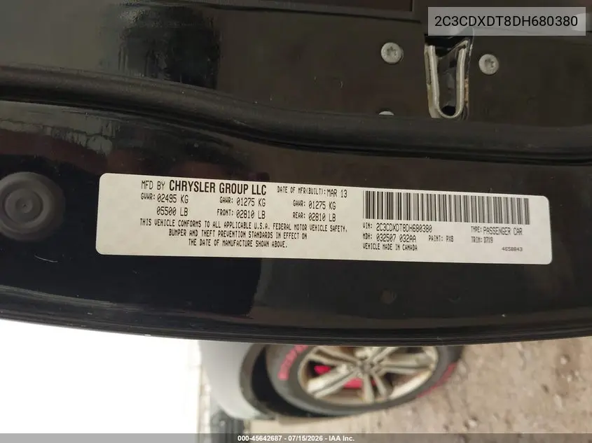 2013 Dodge Charger R/T VIN: 2C3CDXDT8DH680380 Lot: 45642687