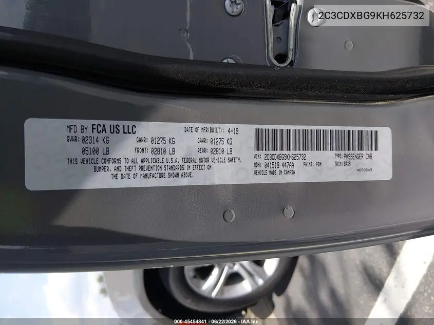 2019 Dodge Charger Sxt Rwd VIN: 2C3CDXBG9KH625732 Lot: 45454841