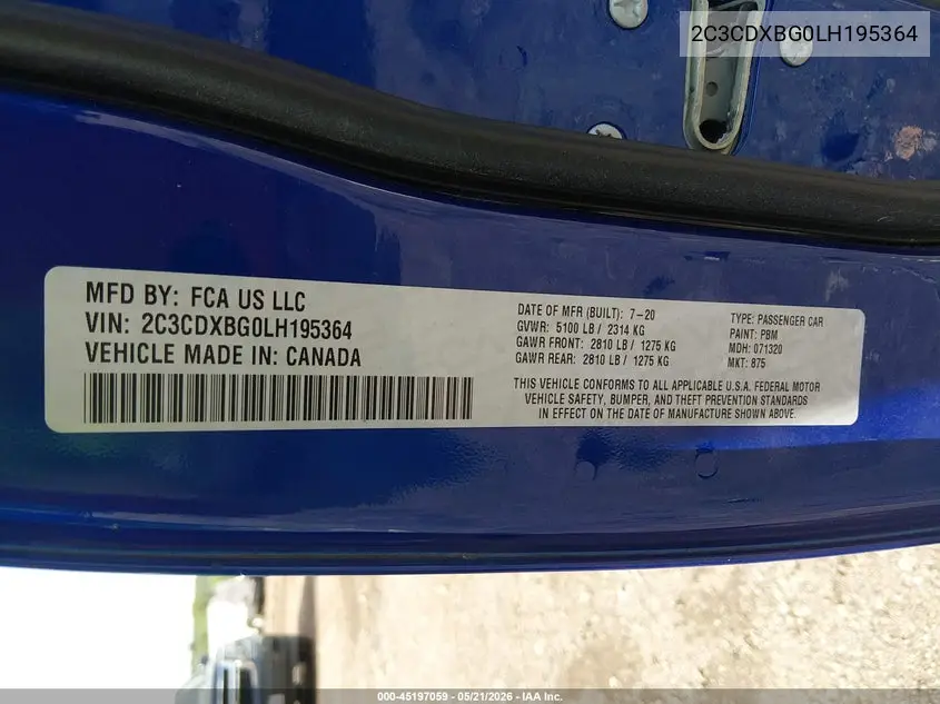 2020 Dodge Charger Sxt Rwd VIN: 2C3CDXBG0LH195364 Lot: 45197059