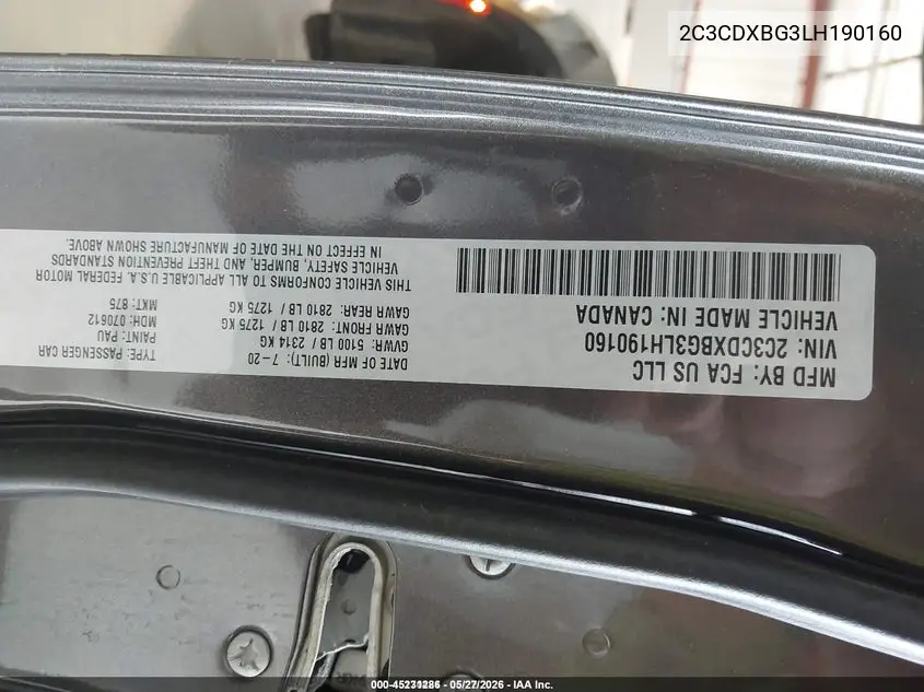 2020 Dodge Charger Sxt Rwd VIN: 2C3CDXBG3LH190160 Lot: 45231286