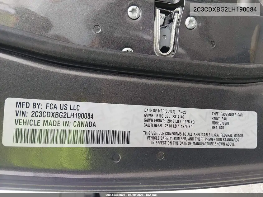 2020 Dodge Charger Sxt Rwd VIN: 2C3CDXBG2LH190084 Lot: 45363626