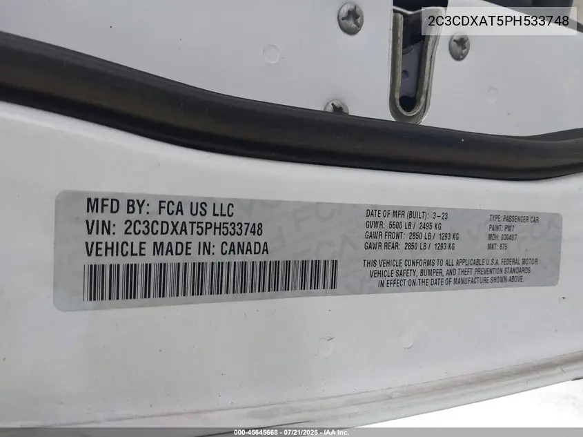 2023 Dodge Charger Police Rwd VIN: 2C3CDXAT5PH533748 Lot: 45645668