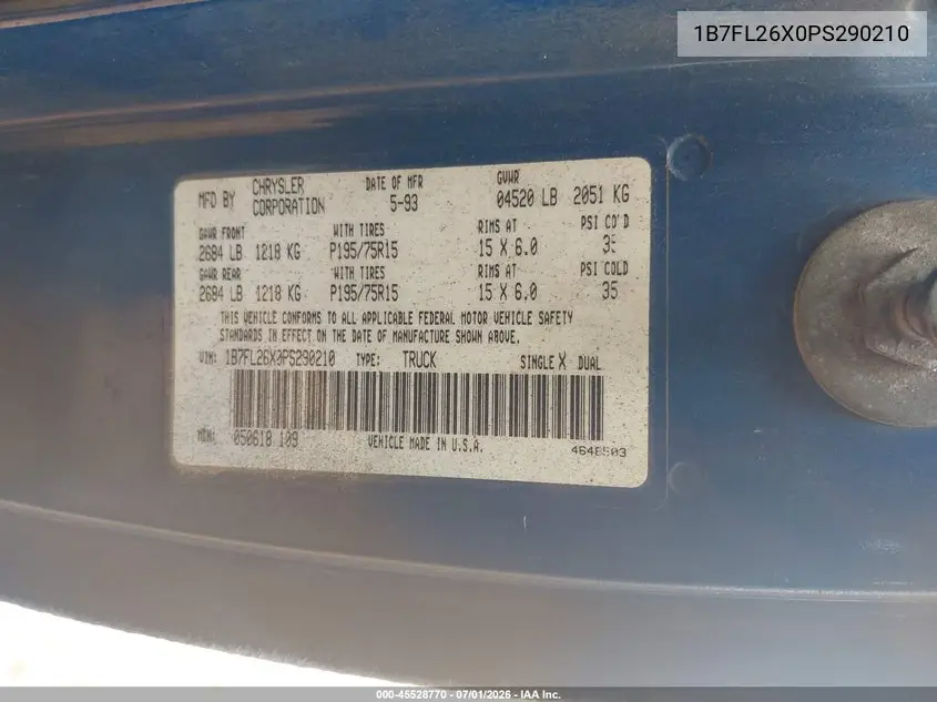 1993 Dodge Dakota VIN: 1B7FL26X0PS290210 Lot: 45528770