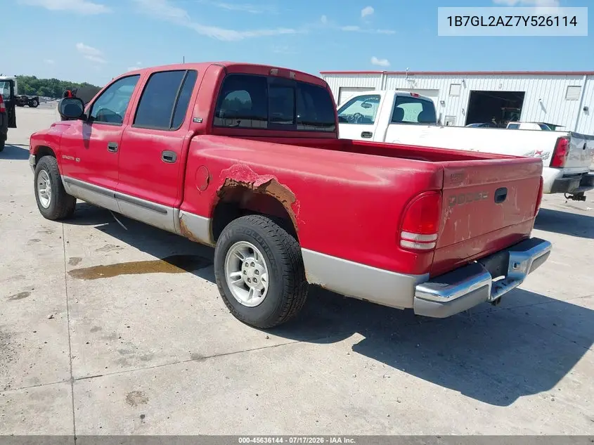 2000 Dodge Dakota Quad VIN: 1B7GL2AZ7Y526114 Lot: 45636144