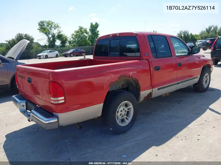 2000 Dodge Dakota Quad VIN: 1B7GL2AZ7Y526114 Lot: 45636144