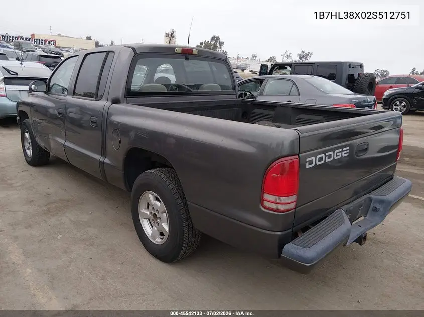 2002 Dodge Dakota Sport VIN: 1B7HL38X02S512751 Lot: 45542133